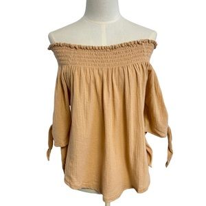 Vanilla Star Off Shoulder Crinkle Gauzy Tie‎ Sleeve Boho Top Womens Medium NWT.